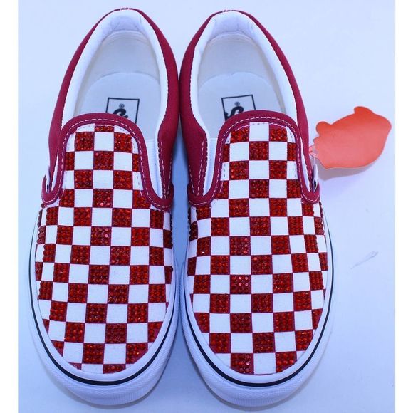 Vans Checkerboard Classic Slip-On Red White Crystal Sneakers Girls Size 2 M NEW - Picture 7 of 12